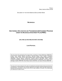 NICARAGUA GEOTHERMAL EXPLORATION and TRANSMISSION IMPROVEMENT PROGRAM UNDER the NICARAGUA INVESTMENT PLAN (PINIC) (NI-L1094 and NI-G1006, NI-G1007, NI-G1008)