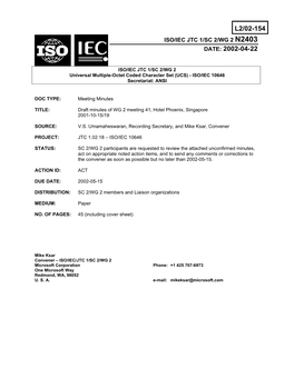 Iso/Iec Jtc 1/Sc 2/Wg 2 N2403 Date: 2002-04-22