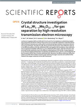 Crystal Structure Investigation of La5.4W1−Ymoyo12−Δ for Gas Separation by High-Resolution Transmission Electron Microscopy