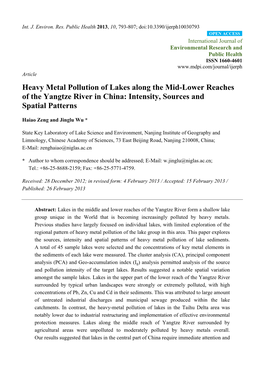 Heavy Metal Pollution of Lakes Along the Mid-Lower Reaches of the Yangtze River in China: Intensity, Sources and Spatial Patterns