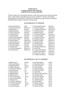 KOMUNIKAT Z Szóstego Turnieju Tenisa Stołowego GMINY PUCK Na Sezon 2010/2011