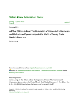 That Glitters Is Gold: the Regulation of Hidden Advertisements and Undisclosed Sponsorships in the World of Beauty Social Media Influencers