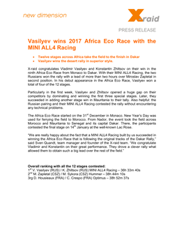 Vasilyev Wins 2017 Africa Eco Race with the MINI ALL4 Racing