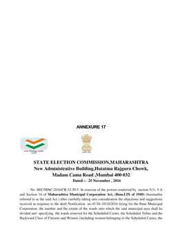 STATE ELECTION COMMISSION,MAHARASHTRA New Administrative Building,Hutatma Rajguru Chowk, Madam Cama Road ,Mumbai 400 032 Dated :- 25 November , 2016