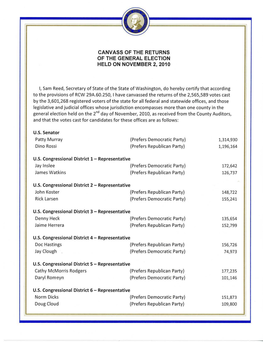 Canvass of the Returns of the General Election Held on November 2, 2010