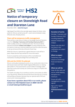 Notice of Temporary Closure on Stoneleigh Road and Stareton Lane December 2020 |