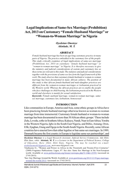 (Prohibition) Act, 2013 on Customary “Female Husband Marriage” Or “Woman-To-Woman Marriage” in Nigeria