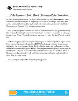 Parks Replacement Bond – Phase 2 – Community Project Suggestions