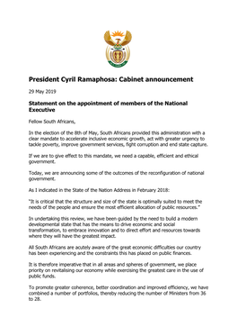 President Cyril Ramaphosa: Cabinet Announcement