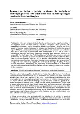 Towards an Inclusive Society in Ghana: an Analysis of Challenges Persons with Disabilities Face in Participating in Tourism in the Ashanti Region