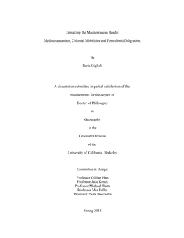 Unmaking the Mediterranean Border. Mediterraneanism, Colonial Mobilities and Postcolonial Migration. by Ilaria Giglioli a Disser