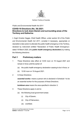 COVID-19 Directions (No. 39) 2021: Directions to Lock Down Darwin and Surrounding Areas of the Territory and Katherine
