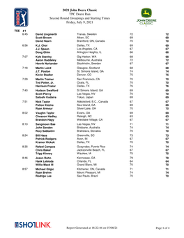 2021 John Deere Classic TPC Deere Run Second Round Groupings and Starting Times Friday, July 9, 2021