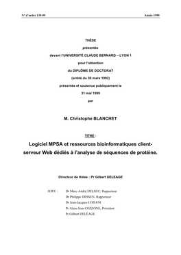 Logiciel MPSA Et Ressources Bioinformatiques Client- Serveur Web Dédiés À L’Analyse De Séquences De Protéine