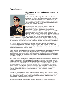 Appreciations : Major General C. A. Luckshman Algama