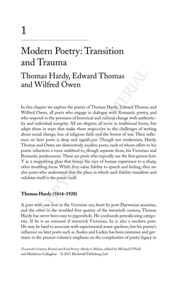 Modern Poetry: Transition and Trauma Thomas Hardy, Edward Thomas and Wilfred Owen