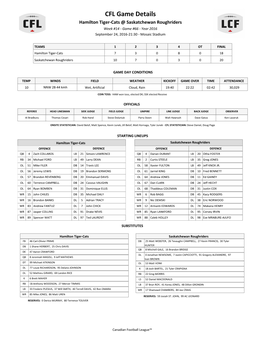 CFL Game Details Hamilton Tiger-Cats @ Saskatchewan Roughriders Week #14 - Game #66 - Year 2016 September 24, 2016-21:30 - Mosaic Stadium