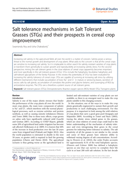 Salt Tolerance Mechanisms in Salt Tolerant Grasses (Stgs) and Their Prospects in Cereal Crop Improvement Swarnendu Roy and Usha Chakraborty*