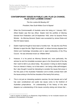 Contemporary Issues in Public Law: Plus Ça Change, Plus C'est La Même Chose? Clarence Chambers, Sydney 18 October 2017