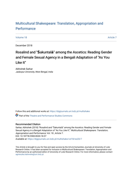 Rosalind and "Śakuntalā" Among the Ascetics: Reading Gender and Female Sexual Agency in a Bengali Adaptation of "As You Like It"