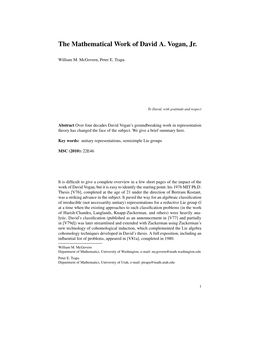 The Mathematical Work of David A. Vogan, Jr