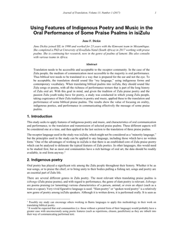 Using Features of Indigenous Poetry and Music in the Oral Performance of Some Praise Psalms in Isizulu