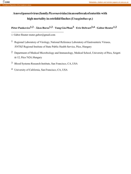 A Novel Passerivirus (Family Picornaviridae) in an Outbreak of Enteritis with High Mortality in Estrildid Finches (Uraeginthus Sp.)