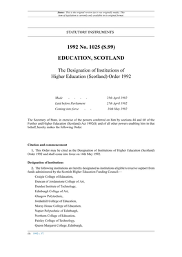 The Designation of Institutions of Higher Education (Scotland) Order 1992