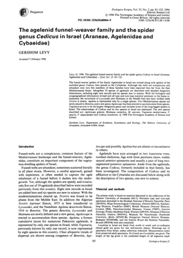 The Agelenid Funnel-Weaver Family and the Spider Genus Cedicus in Israel (Araneae, Agelenidae and Cybaeidae)