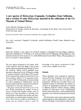 A New Species of &lt;Emphasis Type="Italic"&gt;Halicyclops&lt;/Emphasis&gt; (Copepoda, Cyclopidae) from California, An