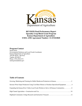 REVISED Final Performance Report Specialty Crop Block Grant Program Kansas Department of Agriculture USDA AMS Agreement Number: 12-25-B-0840