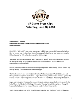 SF Giants Press Clips Saturday, June 30, 2018