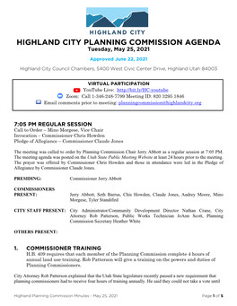 HIGHLAND CITY PLANNING COMMISSION AGENDA Tuesday, May 25, 2021