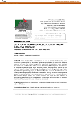 MOBILIZATIONS in TIMES of EXTRACTIVE CAPITALISM the Cases of Romania and the Czech Republic