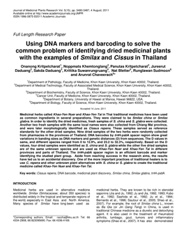 Using DNA Markers and Barcoding to Solve the Common Problem of Identifying Dried Medicinal Plants with the Examples of Smilax and Cissus in Thailand