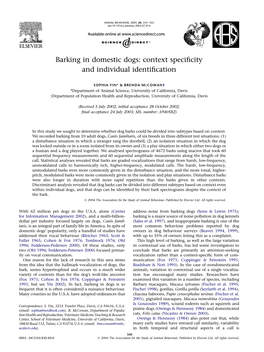 Barking in Domestic Dogs: Context Speciﬁcity and Individual Identiﬁcation
