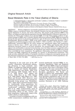 Basal Metabolic Rate in the Yakut (Sakha) of Siberia