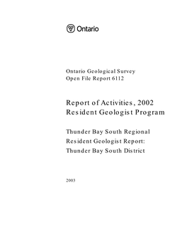 Resident Geologist Activities Report Thunder