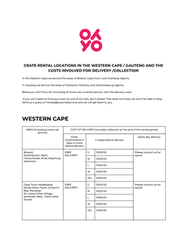 Western Cape / Gauteng and the Costs Involved for Delivery /Collection