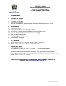 AMENDED* AGENDA Prince George Heritage Commission September 27, 2018, 12:00 P.M