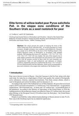 Elite Forms of Willow-Leafed Pear Pyrus Salicifolia Pall. in the Steppe Zone Conditions of the Southern Urals As a Seed Rootstock for Pear