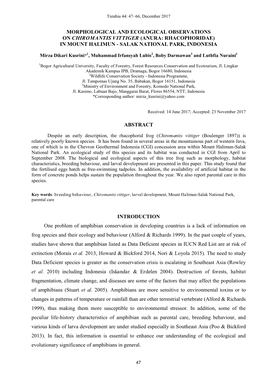 Morphological and Ecological Observations on Chiromantis Vittiger (Anura: Rhacophoridae) in Mount Halimun - Salak National Park, Indonesia