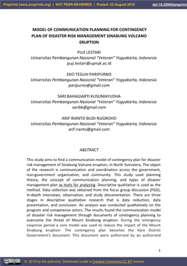 Model of Communication Planning for Contingency Plan of Disaster Risk Management Sinabung Volcano Eruption