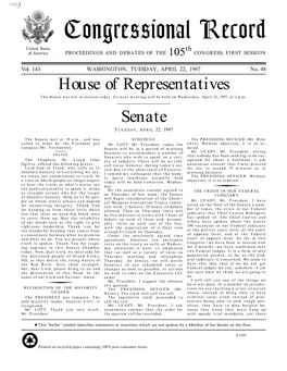 Congressional Record United States Th of America PROCEEDINGS and DEBATES of the 105 CONGRESS, FIRST SESSION