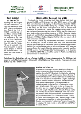 Australia V. New Zealand Boxing Day Test December 26, 2019 Fact Sheet