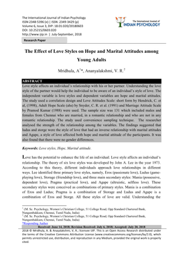 The Effect of Love Styles on Hope and Marital Attitudes Among Young Adults