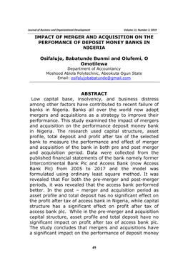 Impact of Merger and Acquisition on the Perfomance of Deposit Money Banks in Nigeria