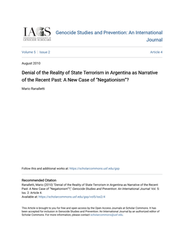 Denial of the Reality of State Terrorism in Argentina As Narrative of the Recent Past: a New Case of “Negationism”?