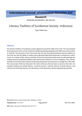 Literacy Tradition of Sundanese Society - Indonesia: Agus Suherman