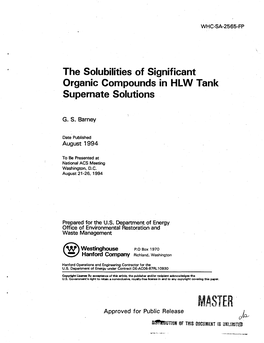 The Solubilities of Significant Organic Compounds in HLW Tank Supernate Solutions